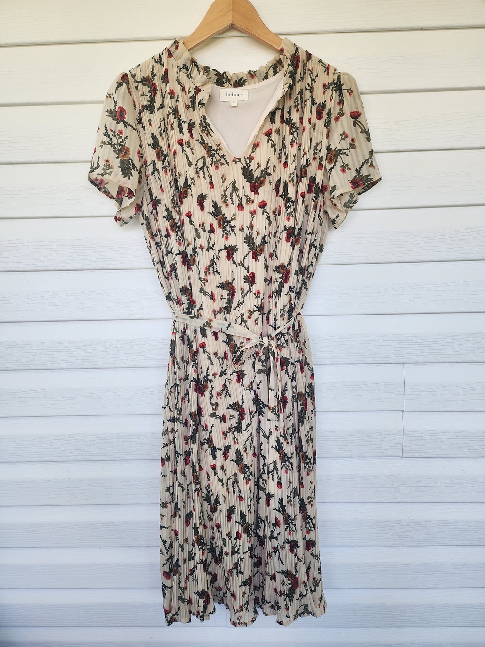 ELF Cream Floral Midi Dress with Red and Green Print